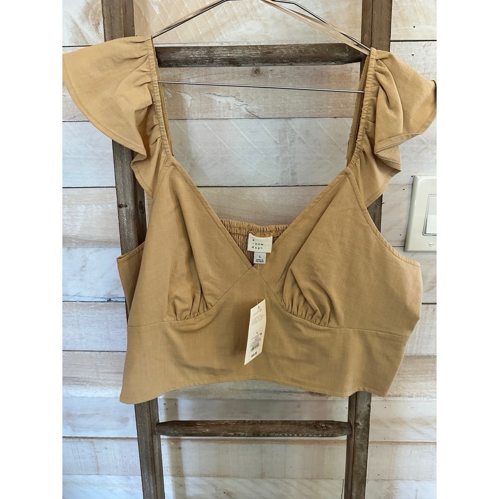 A New Day Tan Ruffle Flutter Sleeve Smocked Back V-Neck Crop Top Large NWT